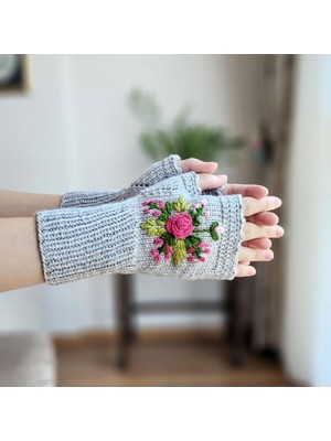 Parmaksız Çiçek Işlemeli Kadın Eldiven, El Örgüsü Eldiven , Tığ Işi Eldive