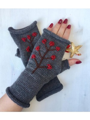 Işlemeli Parmaksız Kadın Eldiven, El Örgüsü Eldiven , Tığ Işi Eldive