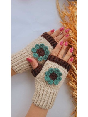 Çiçek Detaylı Parmaksız Kadın Eldiven, El Örgüsü Eldiven , Tığ Işi Eldive