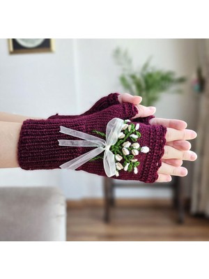 Parmaksız Çiçek Işlemeli Kadın Eldiven, El Örgüsü Eldiven , Tığ Işi Eldive