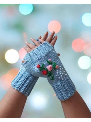 El Örgüsü Çiçek Nakışlı Parmaksız Retro Eldiven