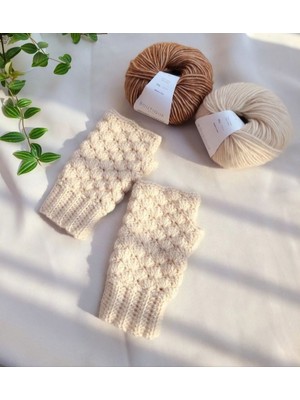 Krem Renk Parmaksız Kısa Eldiven, El Örgüsü Eldiven , Tığ Işi Eldiven
