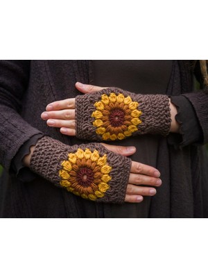 Parmaksız Papatya Detaylı Eldiven, El Örgüsü Eldiven , Tığ Işi Eldiven