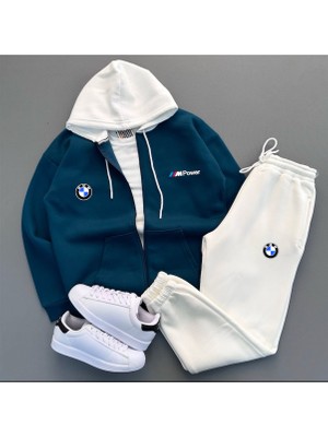 Newcabin.35 3 Iplik Yeni Sezon Premium Kumaş Parçalı Kapüşonlu Fermuarlı Hırka Bmw Baskılı Takım 2'li