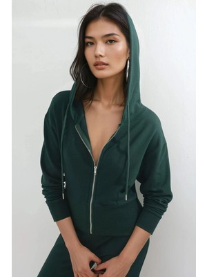 Hiccup Kadın Busem Kapüşonlu Uzun Kollu Fermuarlı Ceket Sacramento Yeşili