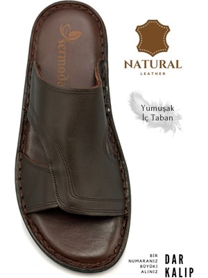 Sermoda Hakiki Gerçek Deri Erkek Terlik Hafif Terlik Deri A Kahve