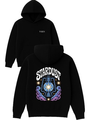 Vsrn Stardust Tasarım Baskılı Oversize Siyah Kapüşonlu Sweatshirt