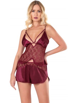 Marsilyan Bordo Saten Babydoll Şort Takımı