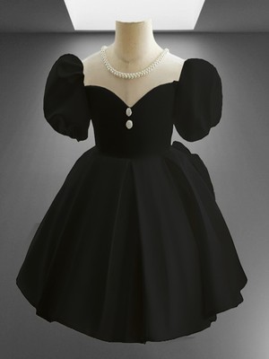 Musgem Özel Tasarım Siyah Kısa Kol Inci Detaylı Kız Çocuk Abiye Elbise