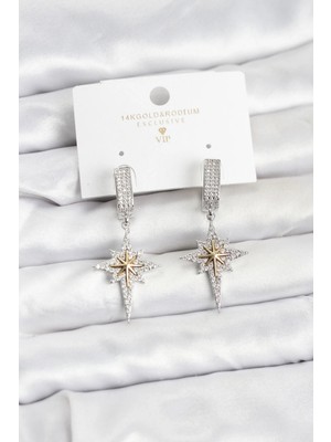 Butik Zirkon Taşlı Gümüş Renk Pirinç Kutup Yıldızı Model Kadın Küpe