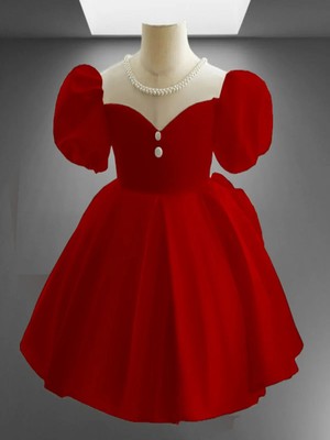 Musgem Özel Tasarım Kırmızı Kısa Kol Inci Detaylı Kız Çocuk Abiye Elbise