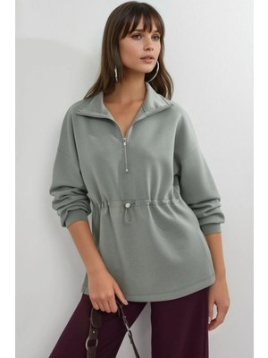 Hiccup Kadınlar BUSEM Beli Ayarlanabilir Fermuarlı Yaka Sweatshirt Nane Yeşili