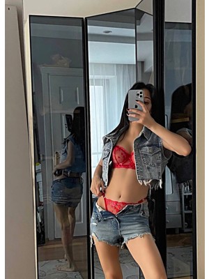 Merlif Lingerie Kırmızı Kalpli B Brode Tül Iç Çamaşır Takımı (Bralette Sütyen& Tanga) Yılbaşı, Yeniyıl Seksii Fantazii, Sevgililer Günü, Valentine Day