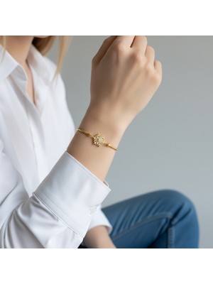 PIEDORA GOLD 14 Ayar Altın Taşlı Kar Tanesi Detaylı Düz Kadın Bileklik