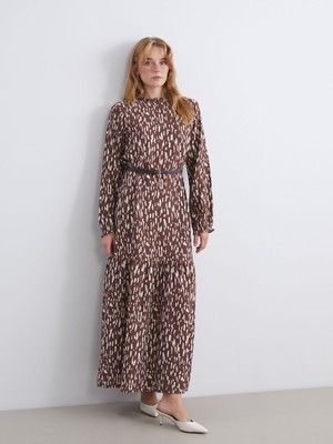 Lc Waikiki Yeni Sezon Fırfırlı Dik Yaka Desenli Kemerli Katkat Elbise