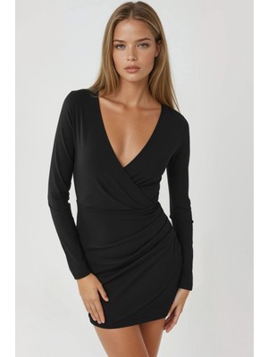 Hiccup Kadın Busem Kruvaze Uzun Kollu Vücuda Oturan Mini Elbise Siyah
