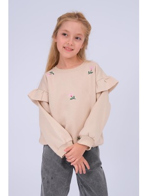 Perendi Kız Çocuk Oversize Sweatshirt - Taş Renk Fırfır Detaylı Çiçek İşlemeli Tasarım