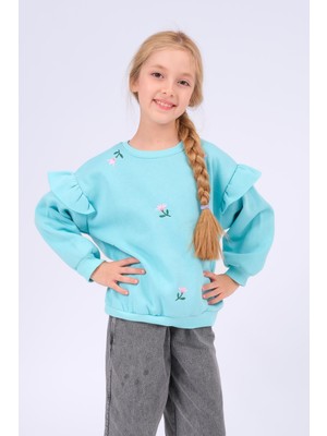 Perendi Kız Çocuk Fırfır Detaylı Çiçek Işlemeli Şardonlu Oversize Sweatshirt - Su Yeşili
