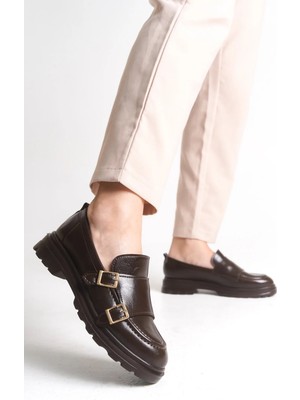Sermoda Loafer Kadın Ayakkabı - Makosen Tokalı Casual Günlük Kadın Ayakkabı Rugan Kahve