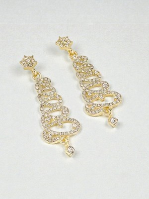 Alya's Aksesuar Altın Rengi Taşlı ve Parıltılı Yılbaşı Ağacı Küpe