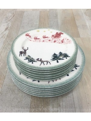 Kosova 12 Parça 6 Kişilik Yılbaşı Desenli Porselen Pasta ve Servis Sunum Tabağı Seti