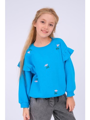 Perendi Kız Çocuk Oversize Sweatshirt Turkuaz Fırfır Detaylı ve Çiçek İşlemeli Tasarım