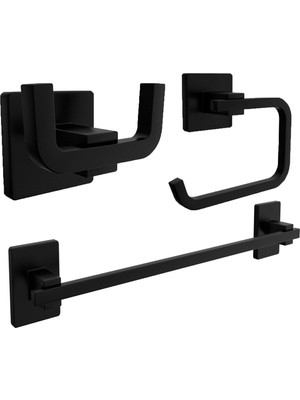 Siyah Kare Banyo Uzun Havluluk ve Bornoz Askılık Seti, Kapaksız Tuvalet Kağıtlık