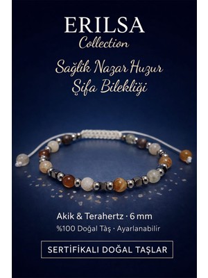 Erilsa Sertifikalı Sağlık Nazar Huzur Şifa Bilekliği - Akik ve Terahertz Doğal Taş 6 mm Ayarlanabilir