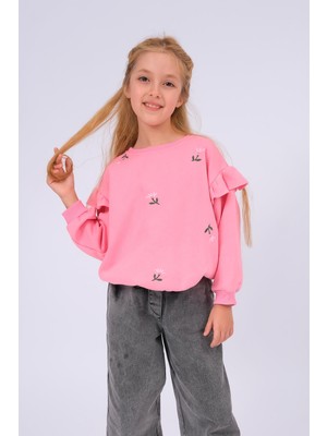 Perendi Kız Çocuk Pembe Sweatshirt Fırfır Detaylı Uzun Kol Konforlu ve Şık Tasarım