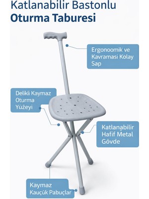 Güneysan Katlanabilir Bastonlu Oturma Taburesi – Taşınabilir Baston Sandalye, Ergonomik ve Hafif