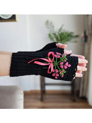 Parmaksız Çiçek Işlemeli Kadın Eldiven, El Örgüsü Eldiven , Tığ Işi Eldive