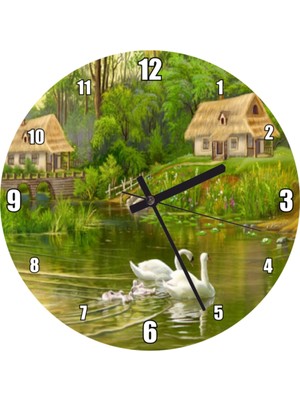 UltraNova Göl Manzaralı Kulübeler ve Kuğu Çiftiyle Yavruları Duvar Saati 50X50 cm