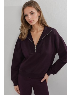 Hiccup Kadın Busem Rahat Kesim Fermuarlı Yaka Sweatshirt Leylak Moru