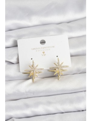 Clariss Gold Renk Pirinç Çift Taraflı Kutup Yıldızı Kadın Küpe