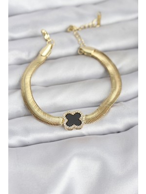 Clariss 316L Çelik Gold Renk Siyah Yonca Model Zirkon Taşlı Yılan Zincirli Kadın Bileklik