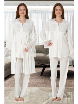Daniska Effortt 4084 Dantelli Sabahlıklı Lohusa Pijama Takımı