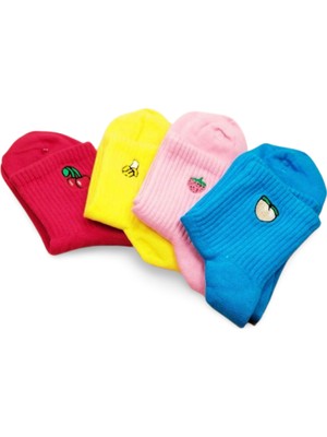 TrentCo Rengarenk Neşeli Meyve Baskılı Kadın Soket Çorap 4 Çift