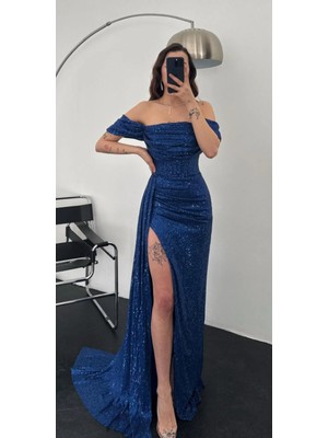 ZoeZoe Düşük Omuz Pul Payetli Uzun Boy Yırtmaçlı  Abiye Elbise