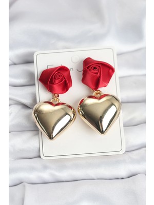 Brf Bfs Pirinç Gold Kalpli Kırmızı Gül Model Kadın Küpe