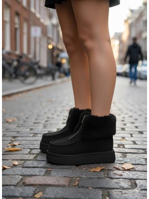 Zerenyus Zinya Içi Kürklü Önden Fermuarlı Premium Siyah Süet Bot