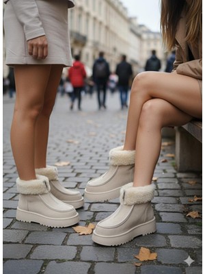 Zerenyus Zinya İçi Kürklü Önden Fermuarlı Premium Bej Süet Bot