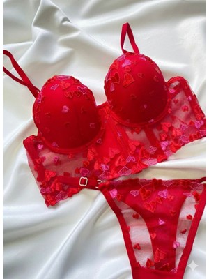 Dolgulu Bralet Kalp Desenli Kırmızı Sütyen Takımı