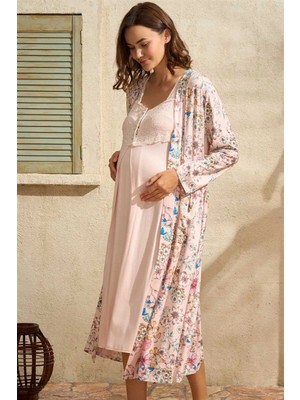 Marsilyan Kalın Askılı Oyuk U Yaka Kadın Çiçek Desenli Yazlık Dantel Detaylı Hamile Gecelik Sabahlık Anıl 5772