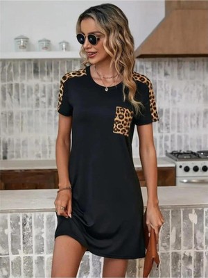 Faylora Kadın Kısa Kollu Yuvarlak Yaka Cepli Leopar Desen Detaylı Viskon Elbise