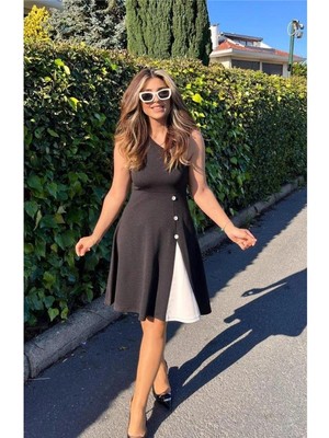 Faylora Kadın Tek Omuzu Şerit Detaylı Sıfır Kol Yandan Düğme Detaylı Janjan Krep Elbise