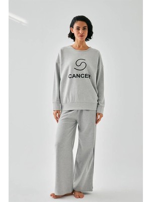 Beruflic Kadın Gri Yengeç Burcu Oversize 2 Iplik Eşofman Ev Giyim Takımı