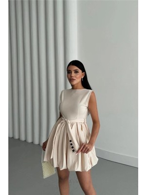 Faylora Balon Etekli Tasarım Kısa Elbise - Bej