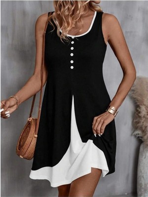 Faylora Kadın Askılı Yuvarlak Yaka Önden Düğmeli Çift Renkli Viskon Elbise