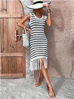 Faylora Kadın Kolsuz V Yaka Eteği Püsküllü Çizgi Desen Triko Elbise