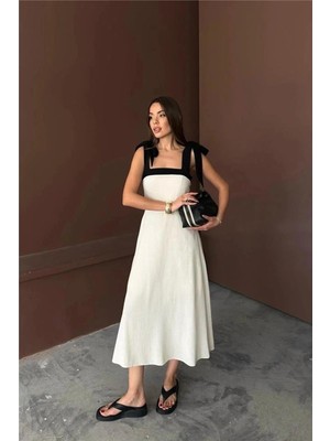 Faylora Bej Omuzdan Bağlamalı Keten Elbise